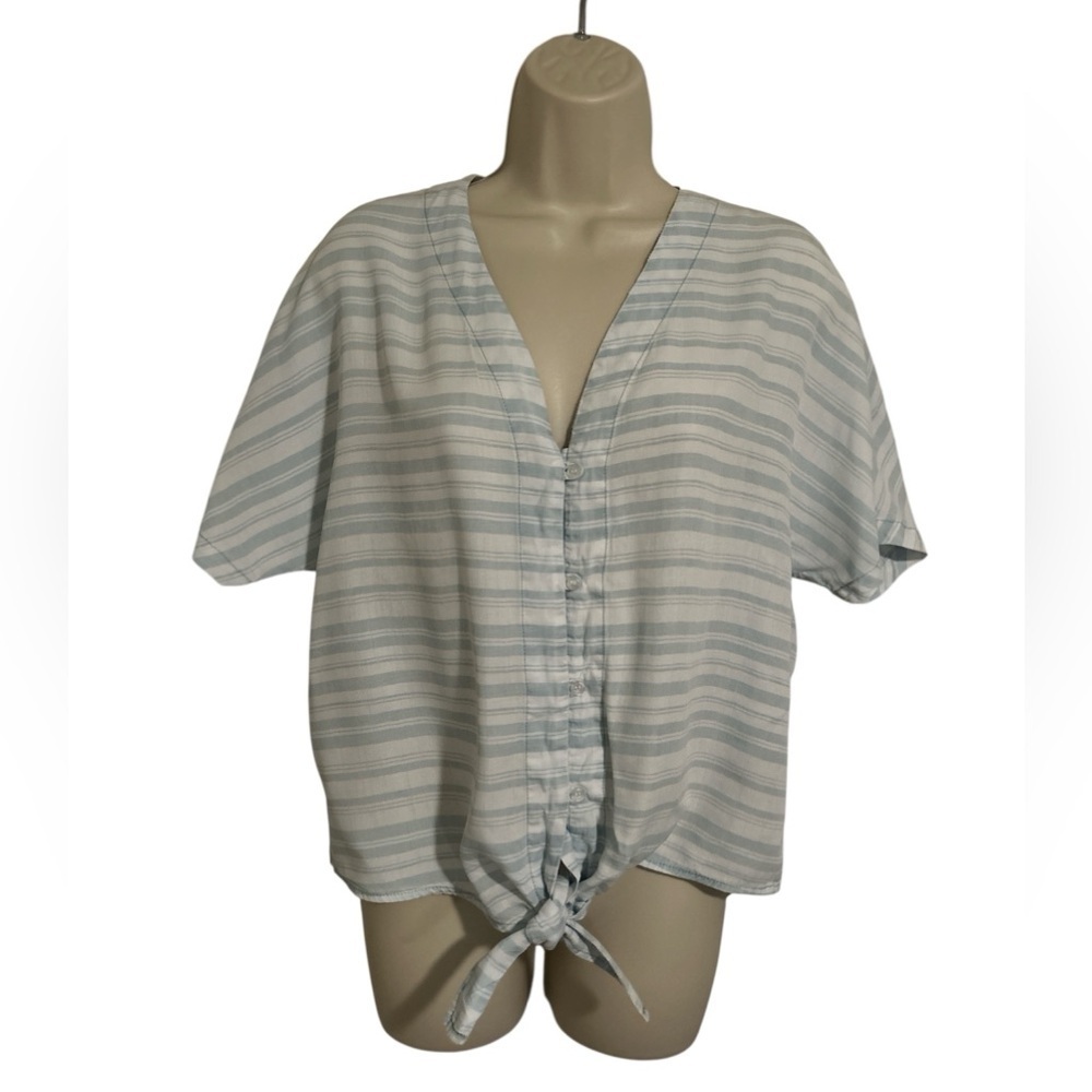 Velvet Heart Light Blue Striped Blouse with tie at Bottom